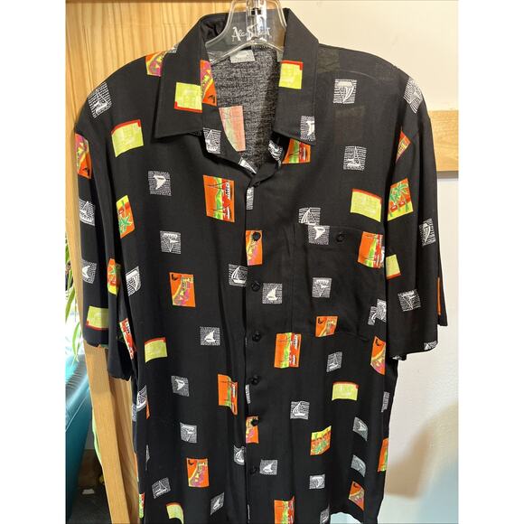 Alan Stewart Shirt Men’s Medium Black Hawaiian Rayon Short Sleeve Button Adult - Picture 2 of 12